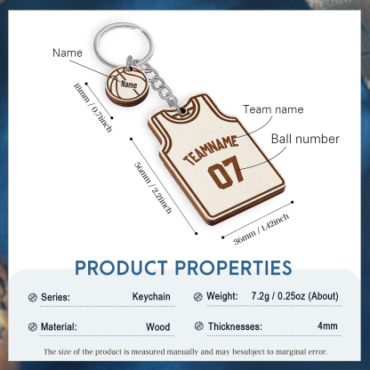 Personalised Text & Numbers & 1 Name Wooden Basketball Keyring for Him