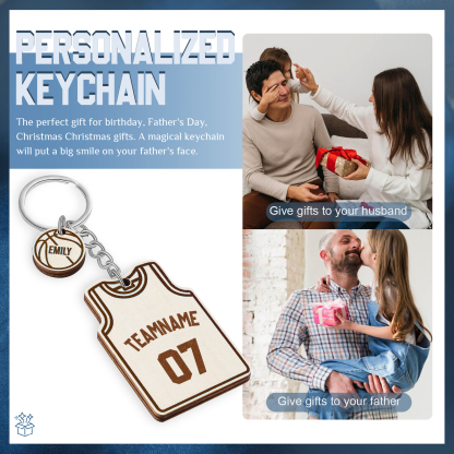 Personalised Text & Numbers & 1 Name Wooden Basketball Keyring for Him