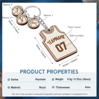 Personalised Text & Numbers & 3 Names Wooden Basketball Keyring for Him