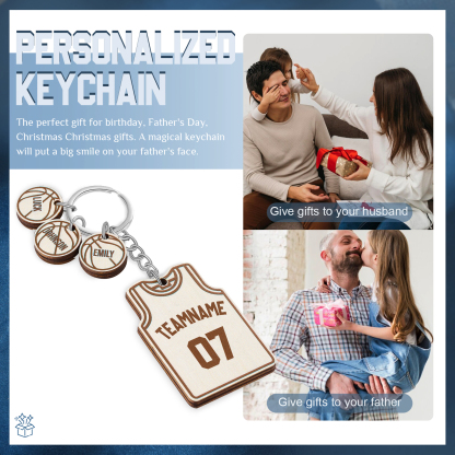 Personalised Text & Numbers & 3 Names Wooden Basketball Keyring for Him