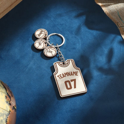 Personalised Text & Numbers & 3 Names Wooden Basketball Keyring for Him