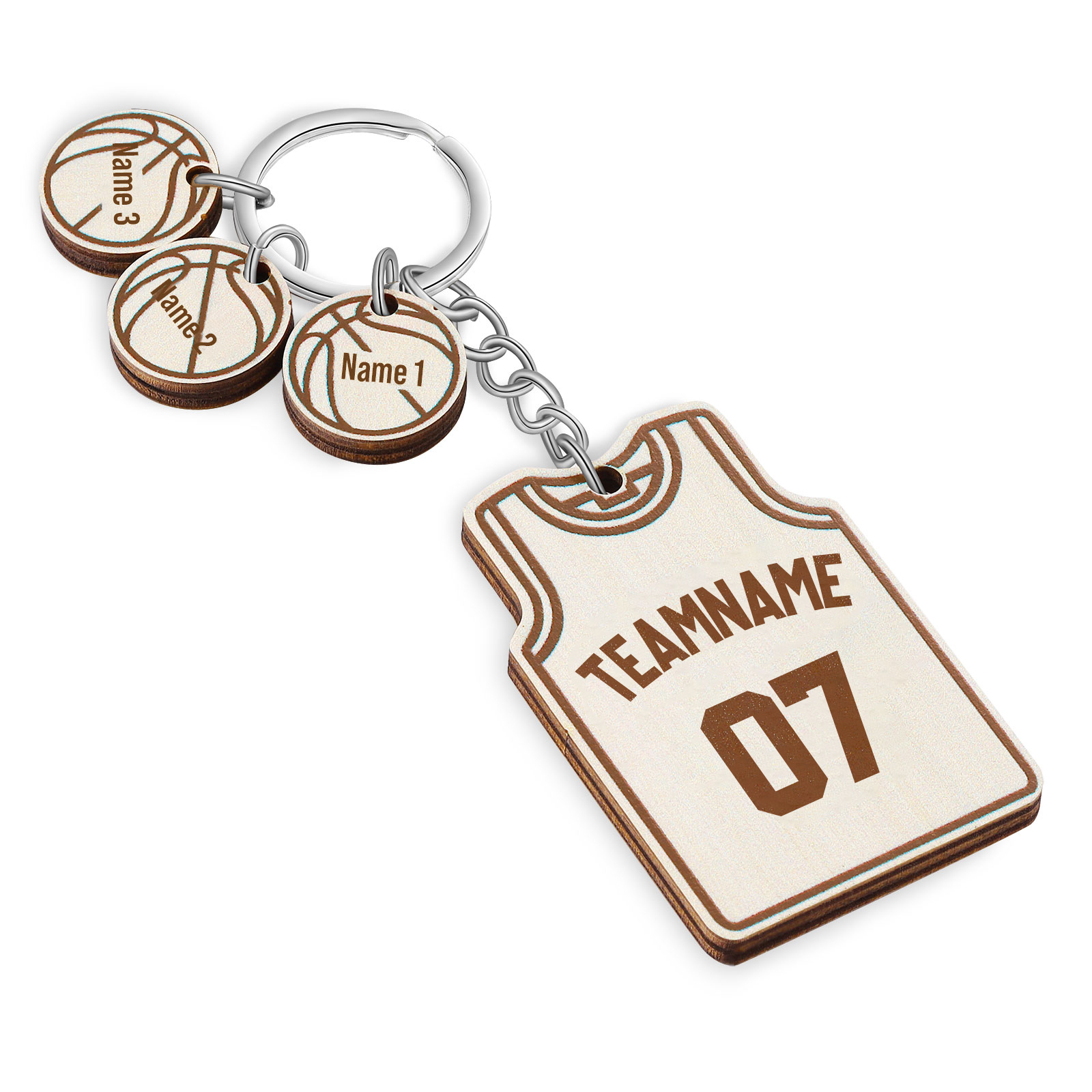 Personalised Text & Numbers & 3 Names Wooden Basketball Keyring for Him