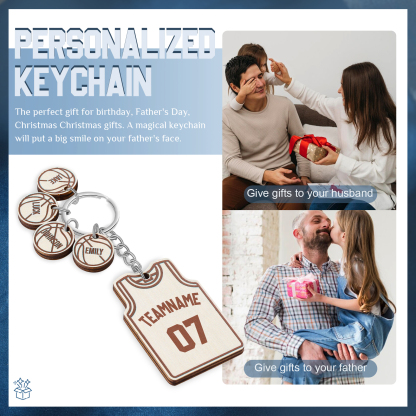 Personalised Text & Numbers & 4 Names Wooden Basketball Keyring for Him