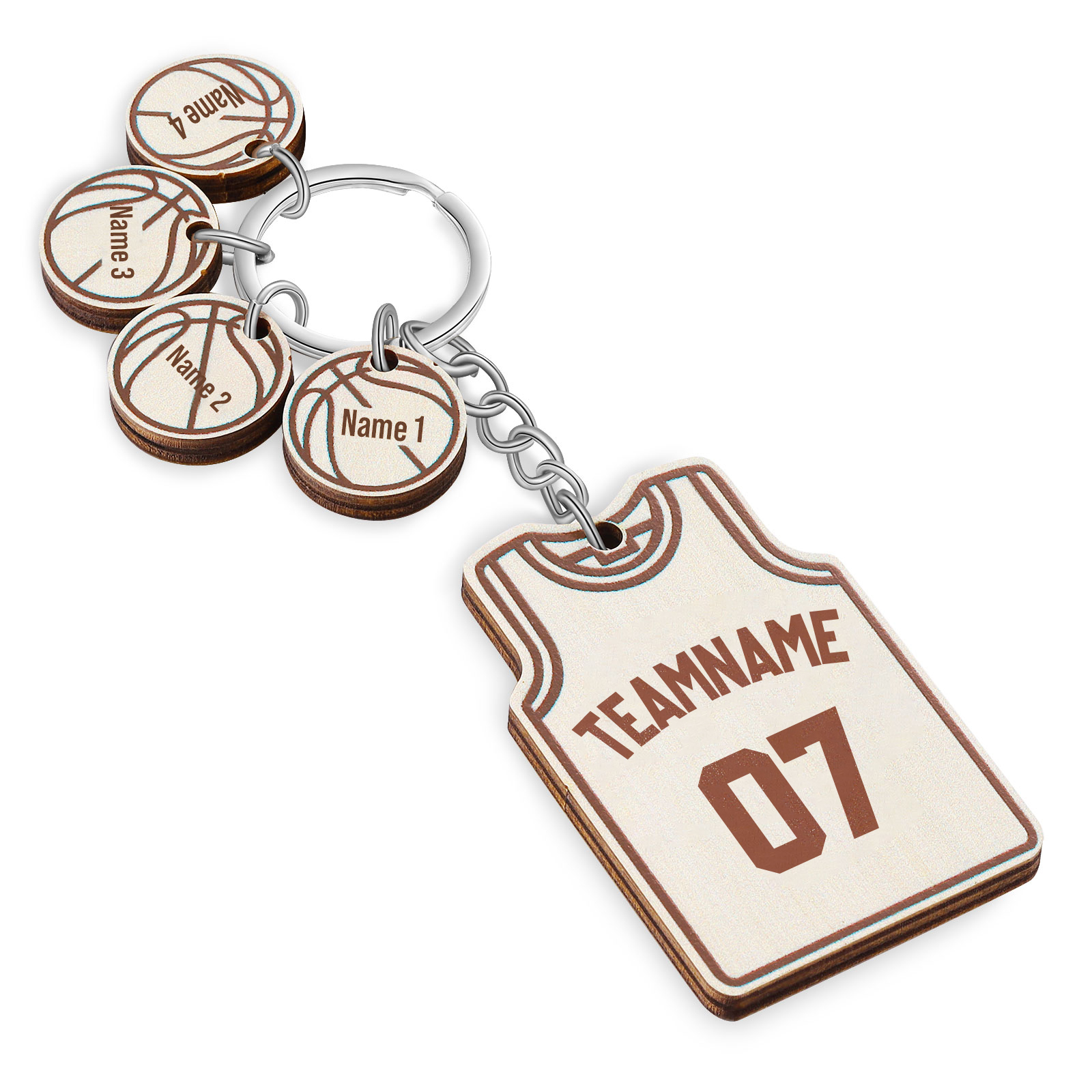 Personalised Text & Numbers & 4 Names Wooden Basketball Keyring for Him