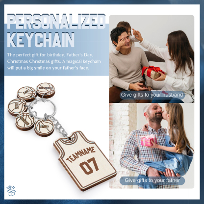 Personalised Text & Numbers & 5 Names Wooden Basketball Keyring for Him