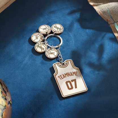 Personalised Text & Numbers & 5 Names Wooden Basketball Keyring for Him
