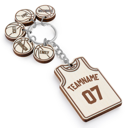 Personalised Text & Numbers & 5 Names Wooden Basketball Keyring for Him