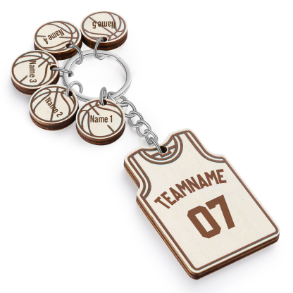 Personalised Text & Numbers & 5 Names Wooden Basketball Keyring for Him
