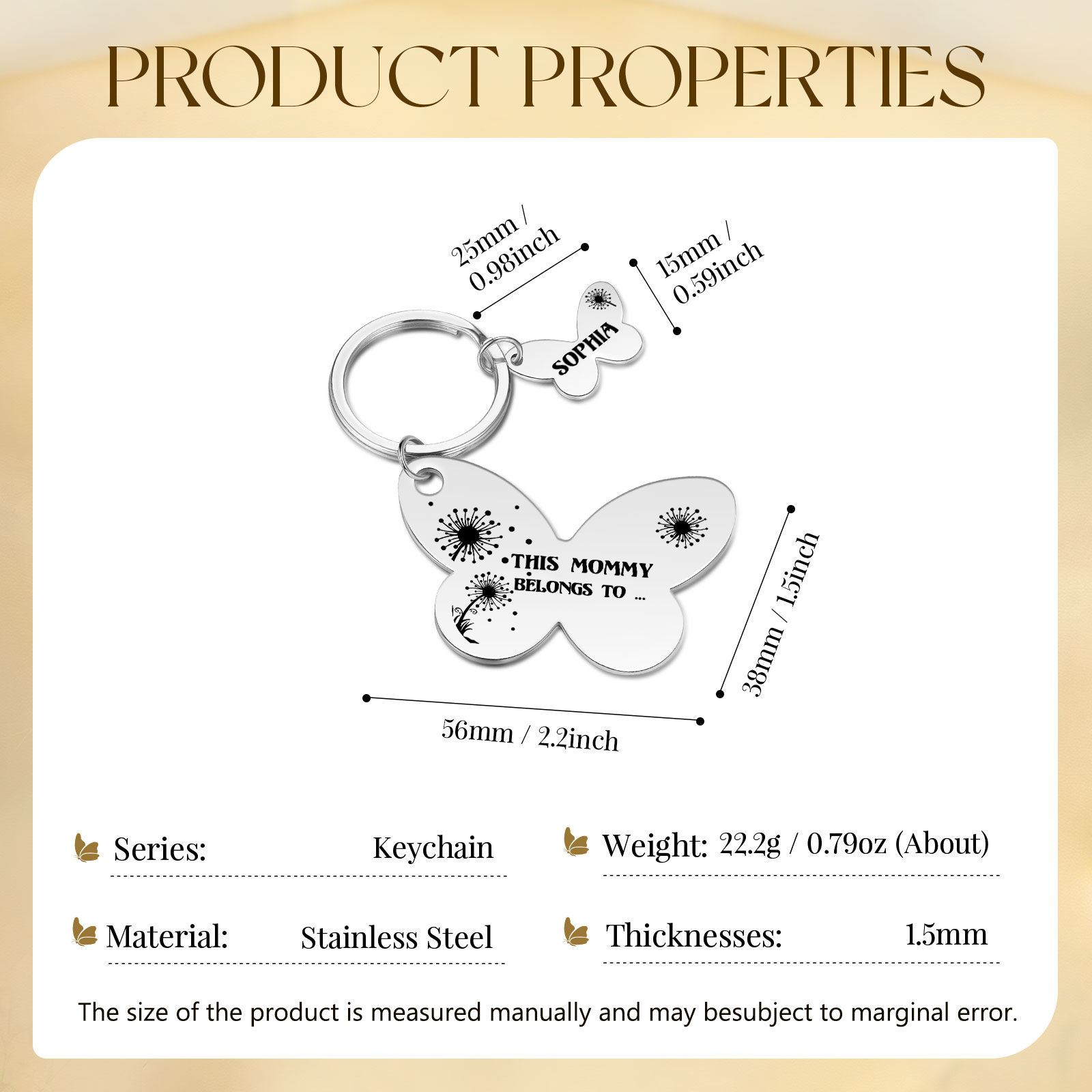 1 Name - Personalised Text Stainless Steel Butterfly Shape Keyring For Her