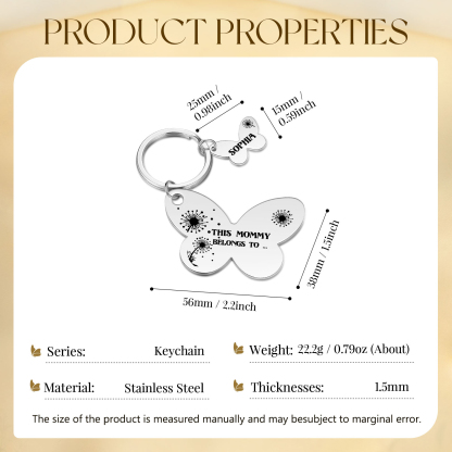 1 Name - Personalised Text Stainless Steel Butterfly Shape Keyring For Her