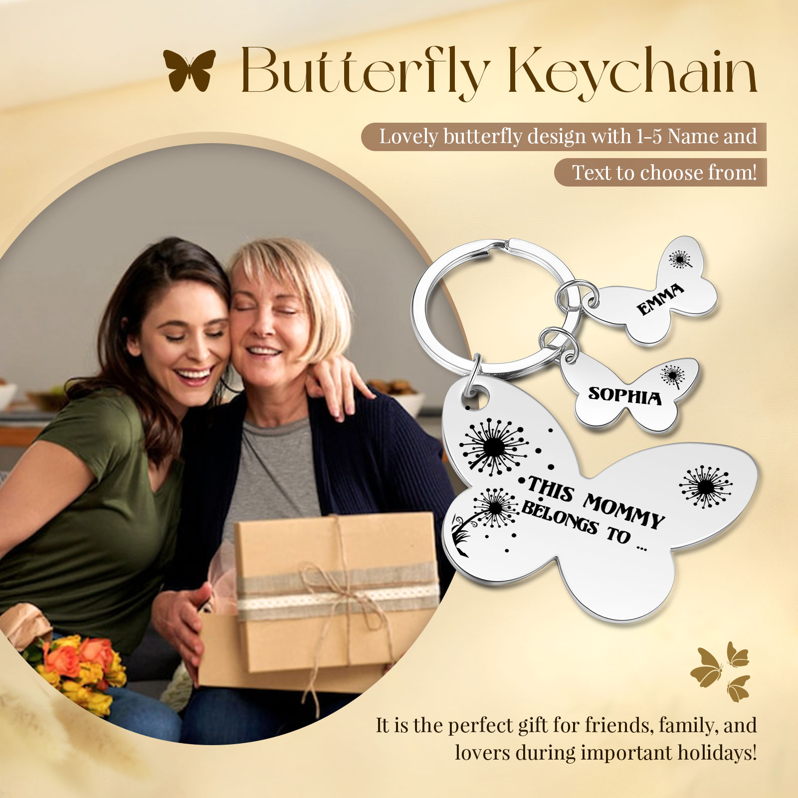 2 Names - Personalised Text Stainless Steel Butterfly Shape Keyring For Her