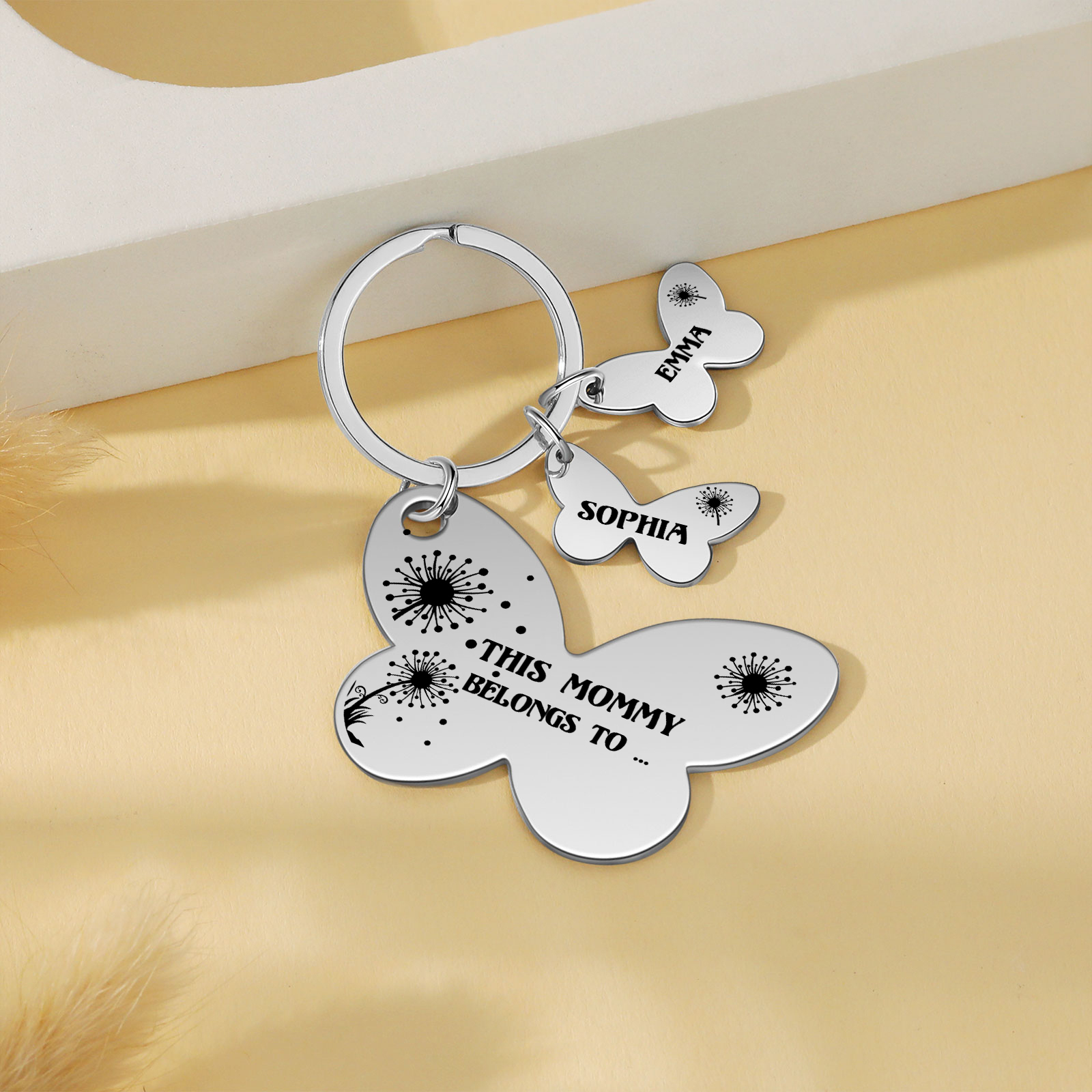 2 Names - Personalised Text Stainless Steel Butterfly Shape Keyring For Her