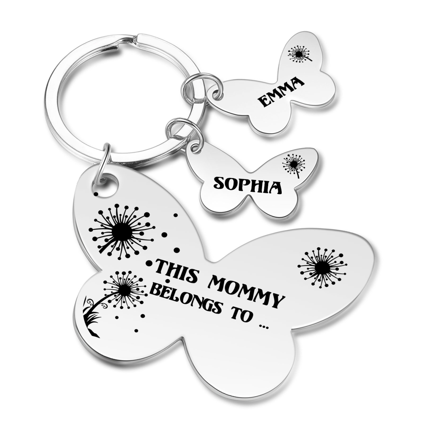 2 Names - Personalised Text Stainless Steel Butterfly Shape Keyring For Her