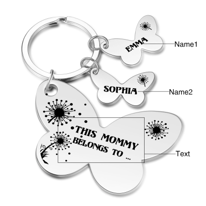 2 Names - Personalised Text Stainless Steel Butterfly Shape Keyring For Her