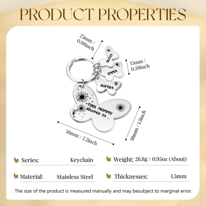 3 Names - Personalised Text Stainless Steel Butterfly Shape Keyring For Her