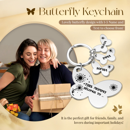 3 Names - Personalised Text Stainless Steel Butterfly Shape Keyring For Her