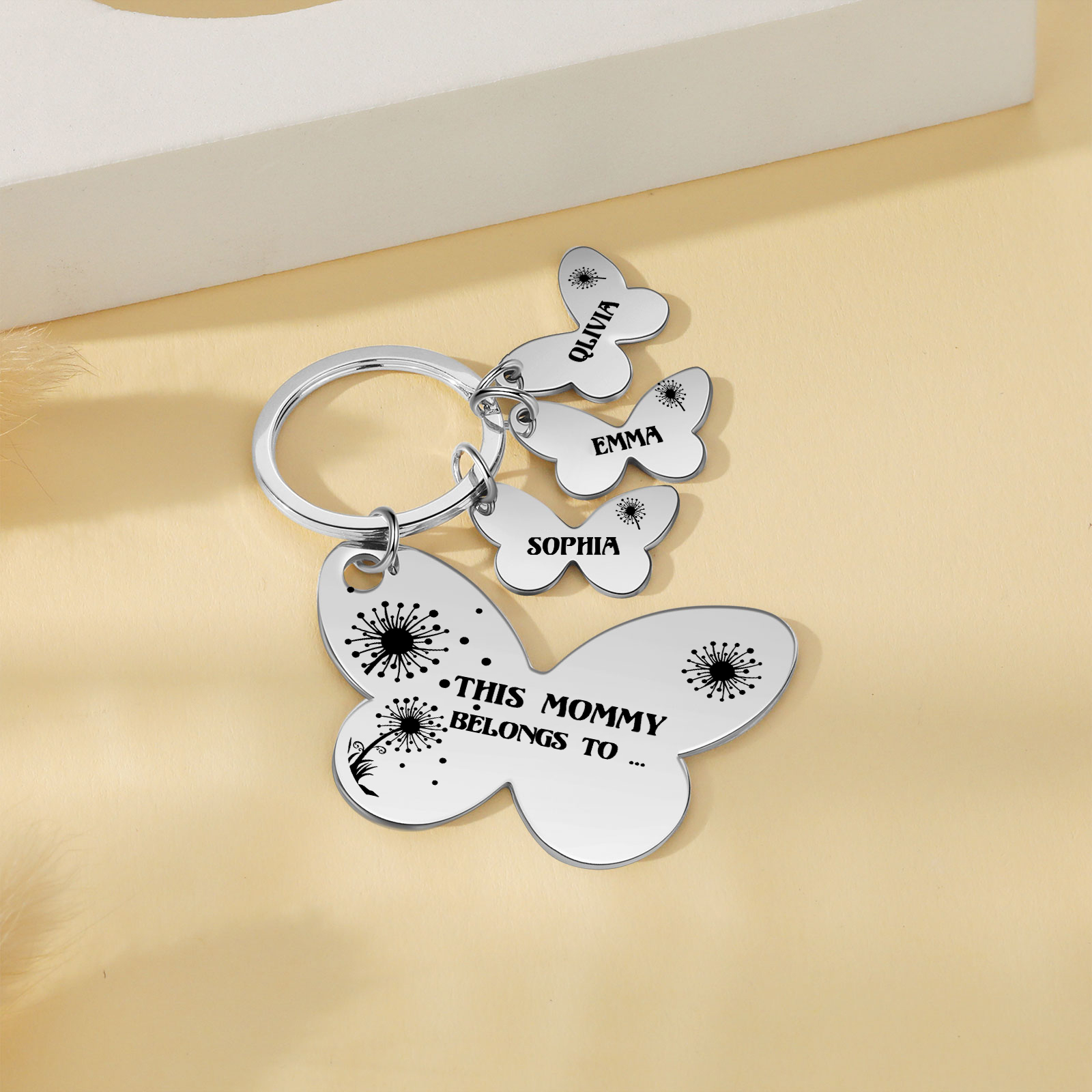 3 Names - Personalised Text Stainless Steel Butterfly Shape Keyring For Her