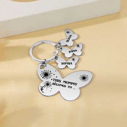 3 Names - Personalised Text Stainless Steel Butterfly Shape Keyring For Her