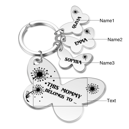 3 Names - Personalised Text Stainless Steel Butterfly Shape Keyring For Her