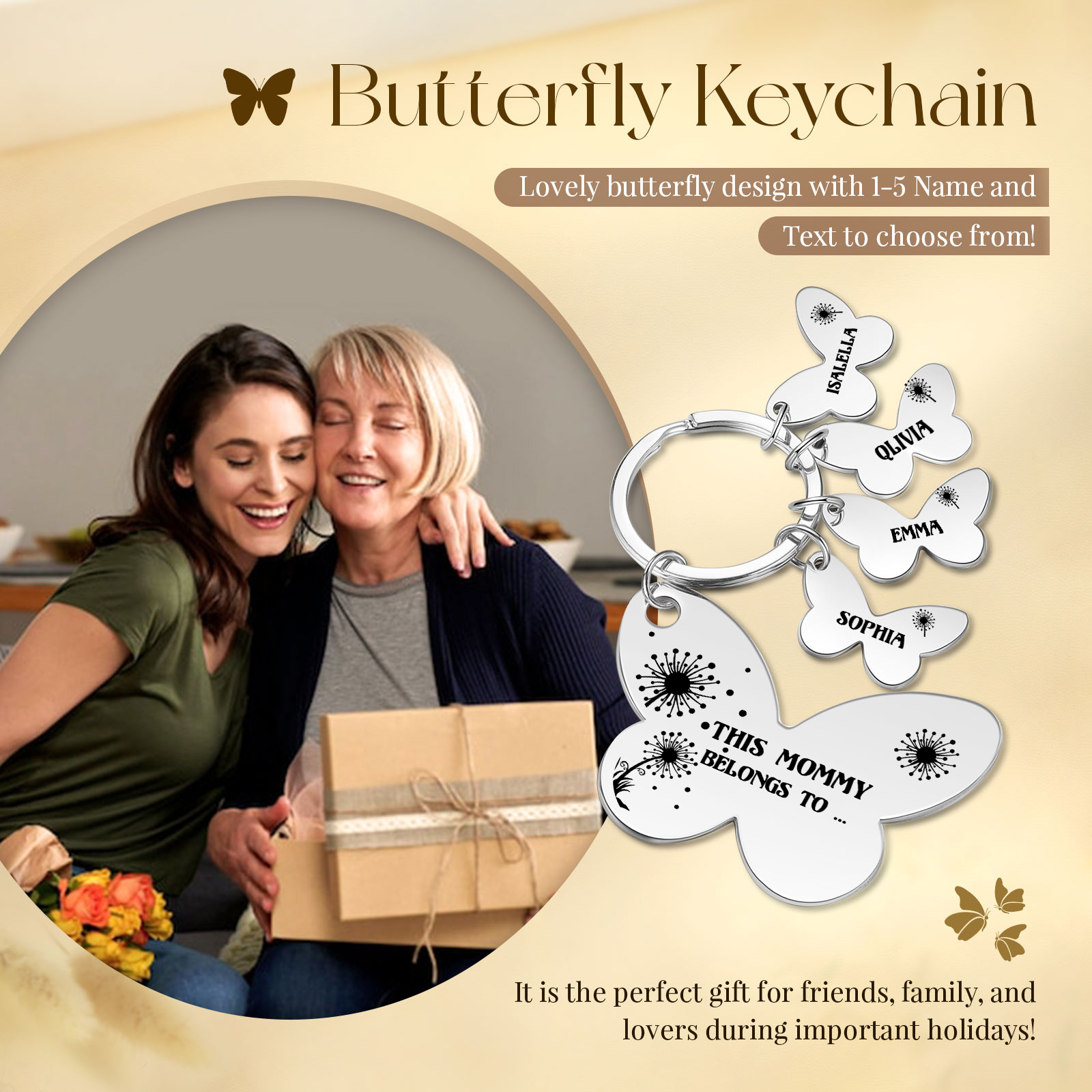 4 Names - Personalised Text Stainless Steel Butterfly Shape Keyring For Her