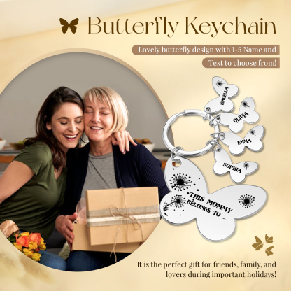 4 Names - Personalised Text Stainless Steel Butterfly Shape Keyring For Her