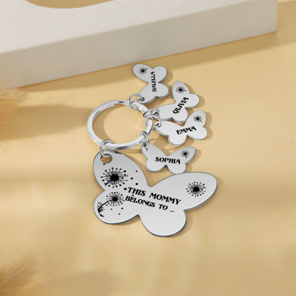 4 Names - Personalised Text Stainless Steel Butterfly Shape Keyring For Her