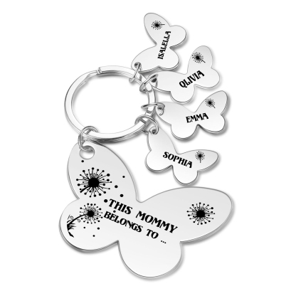 4 Names - Personalised Text Stainless Steel Butterfly Shape Keyring For Her
