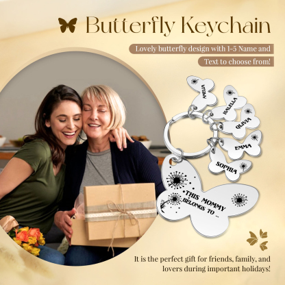 5 Names - Personalised Text Stainless Steel Butterfly Shape Keyring For Her