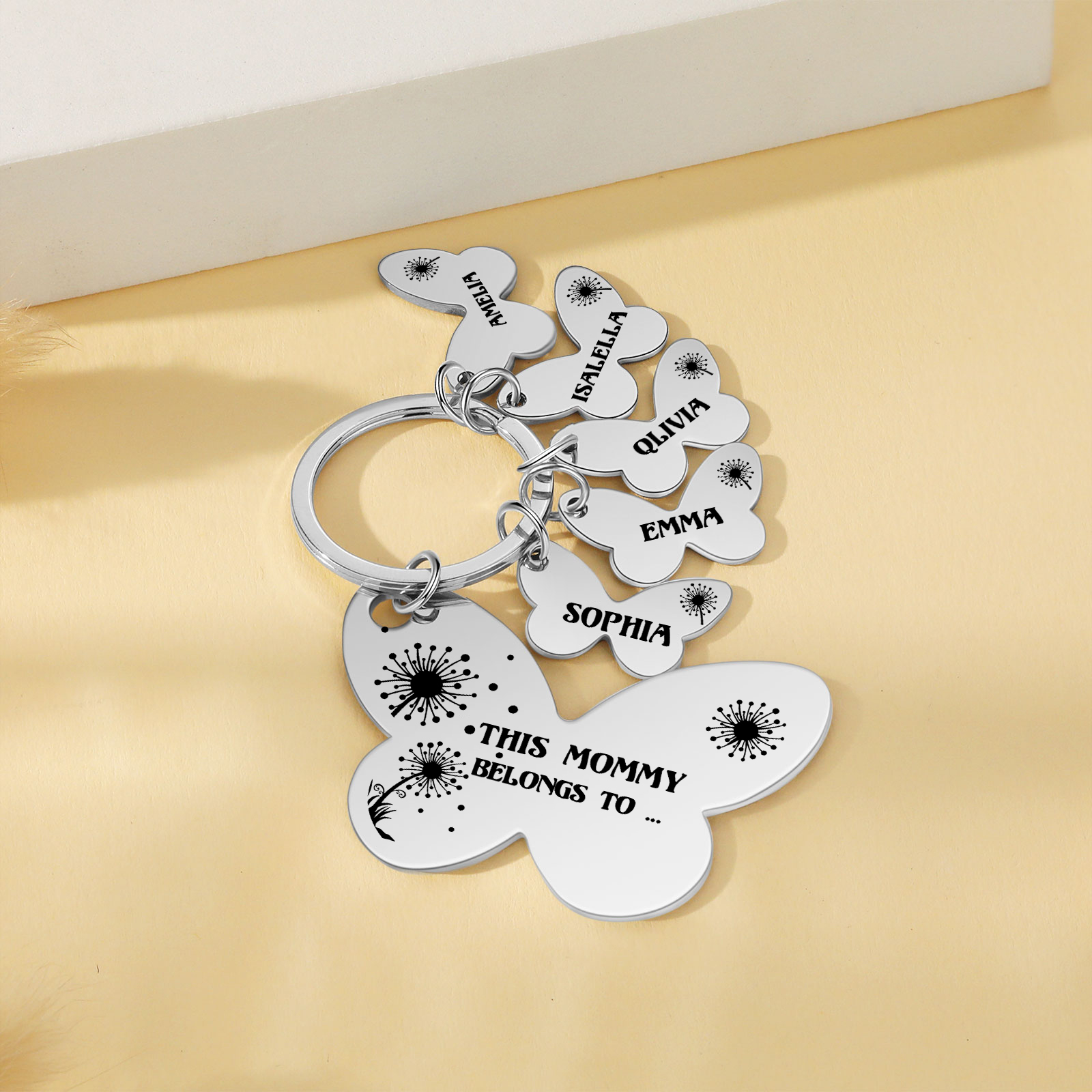 5 Names - Personalised Text Stainless Steel Butterfly Shape Keyring For Her