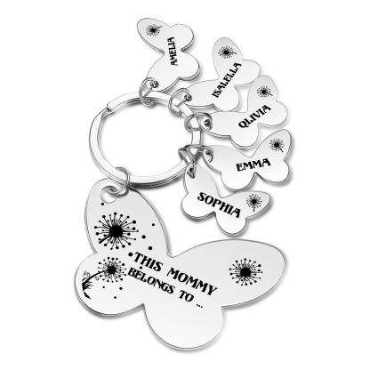 5 Names - Personalised Text Stainless Steel Butterfly Shape Keyring For Her