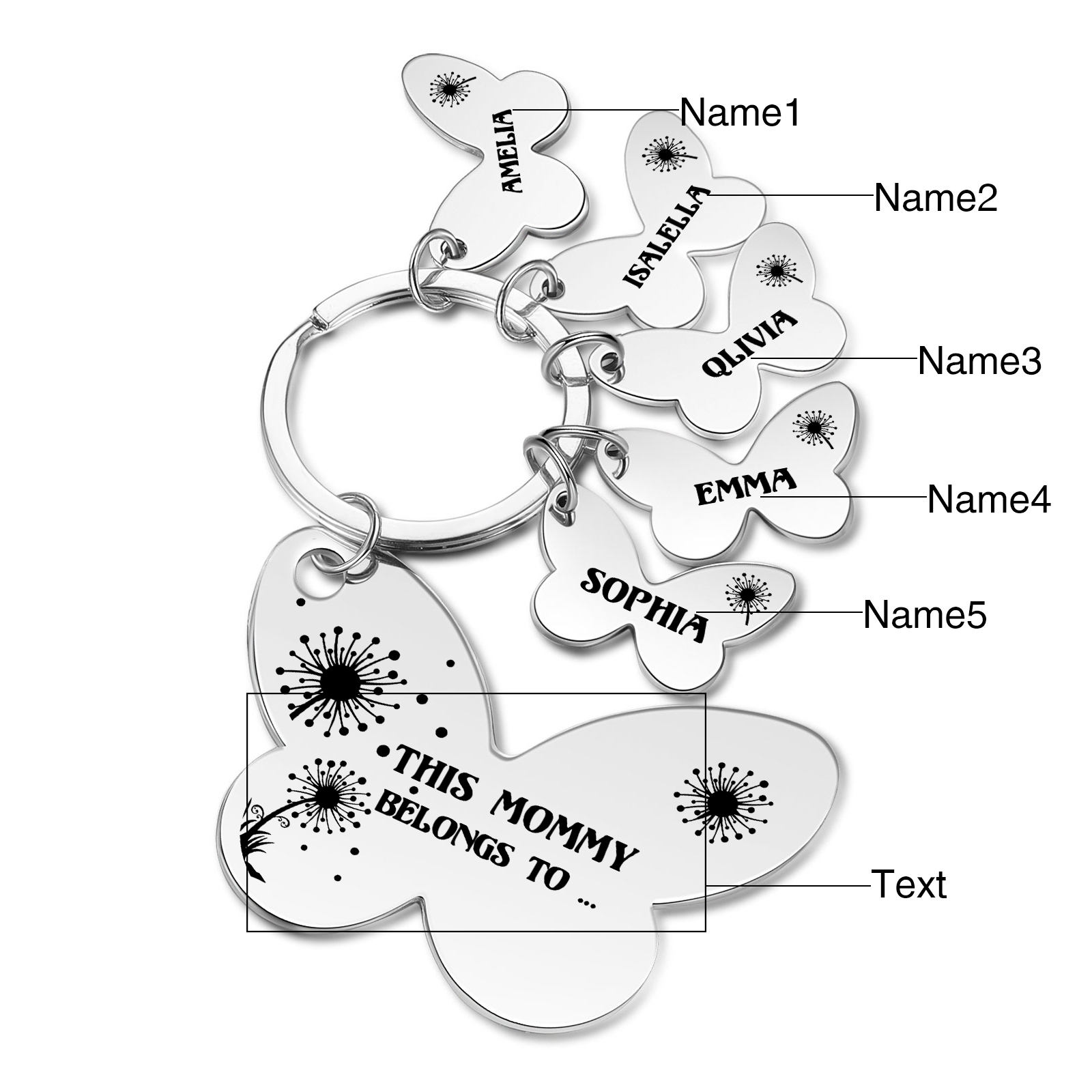 5 Names - Personalised Text Stainless Steel Butterfly Shape Keyring For Her