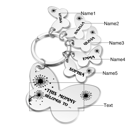 5 Names - Personalised Text Stainless Steel Butterfly Shape Keyring For Her
