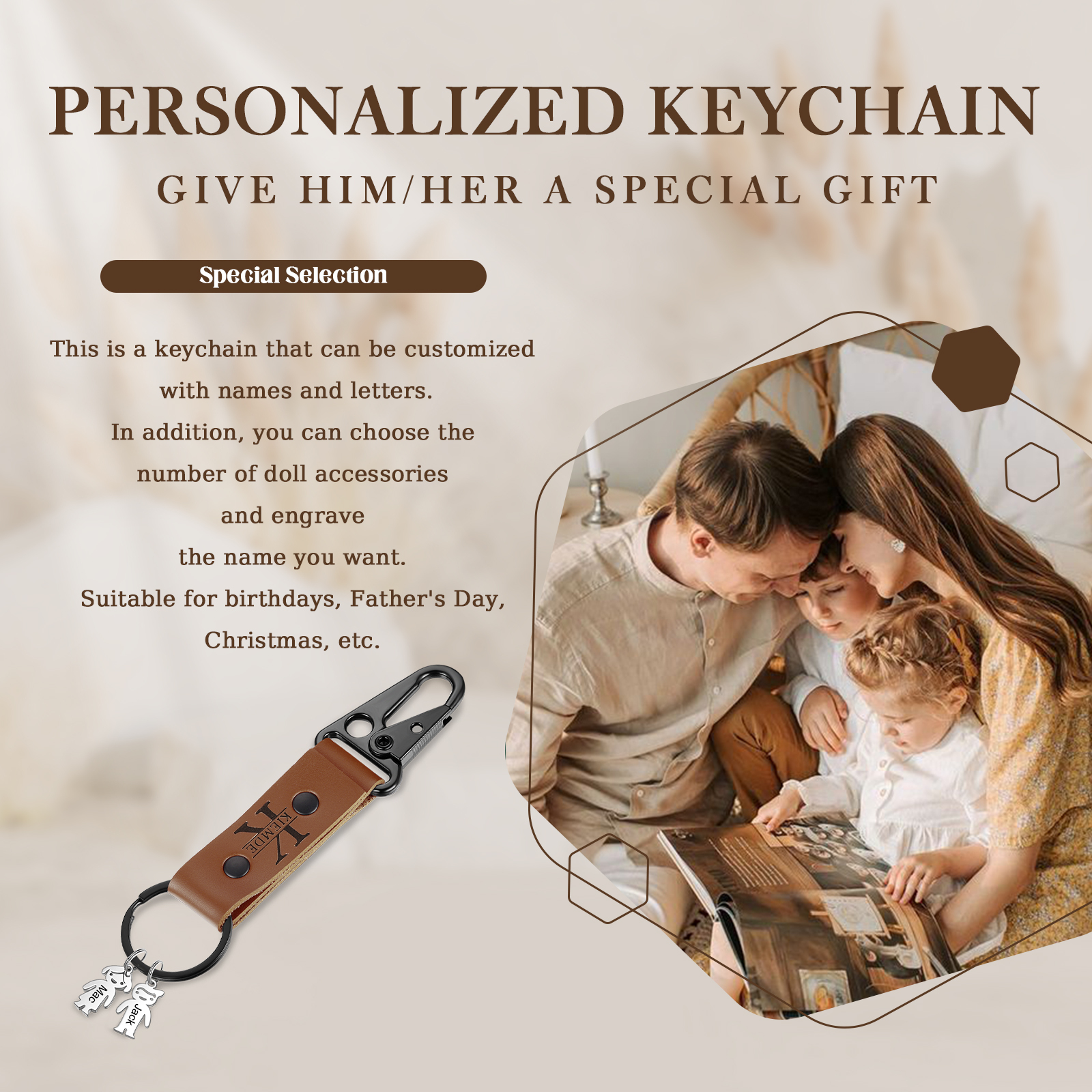 3 Names - Personalised Kids Charms Keychain Customized 3 Names & 1 Letter Leather Keychain Gift for Grandad