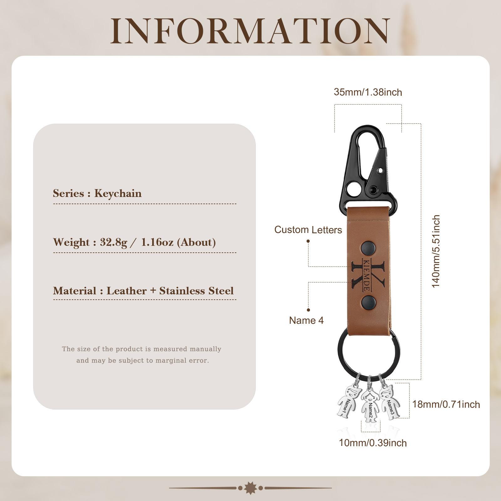 4 Names - Personalised Kids Charms Keychain Customized 4 Names & 1 Letter Leather Keychain Gift for Grandad