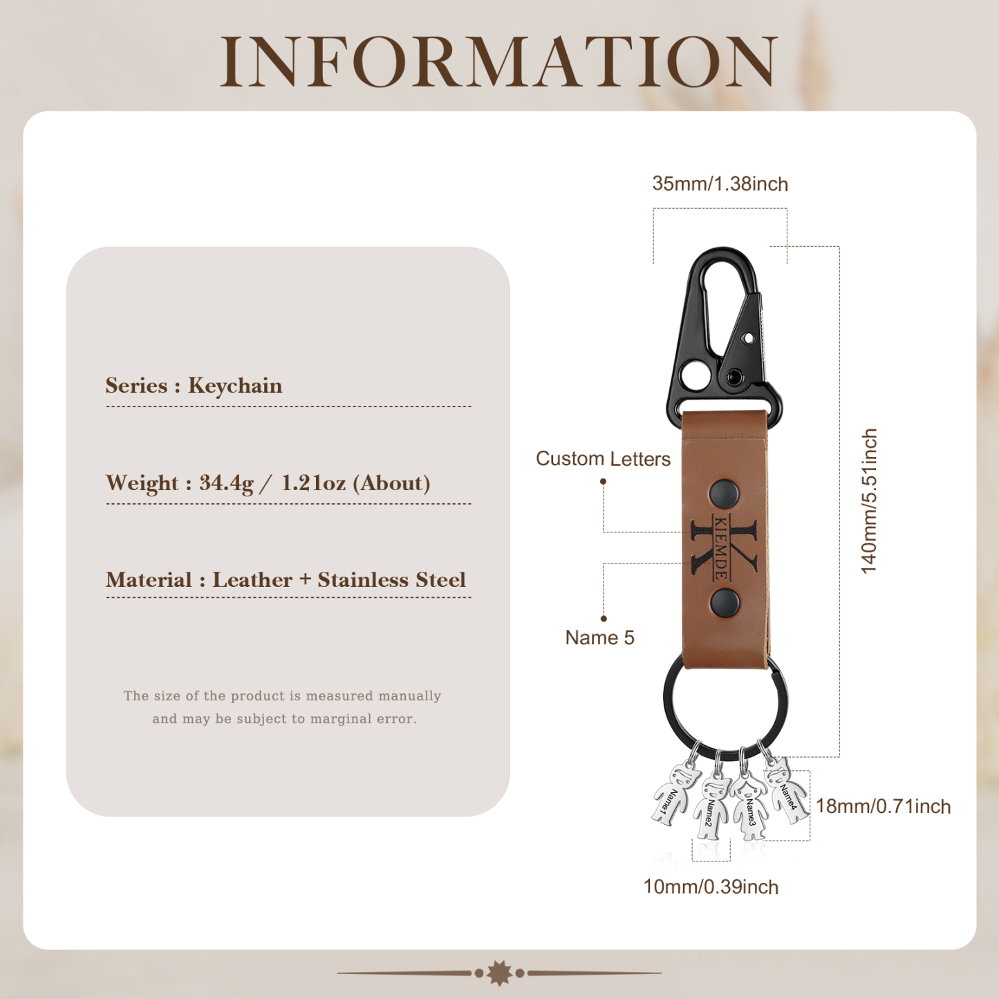 5 Names - Personalised Kids Charms Keychain Customized 5 Names & 1 Letter Leather Keychain Gift for Grandad