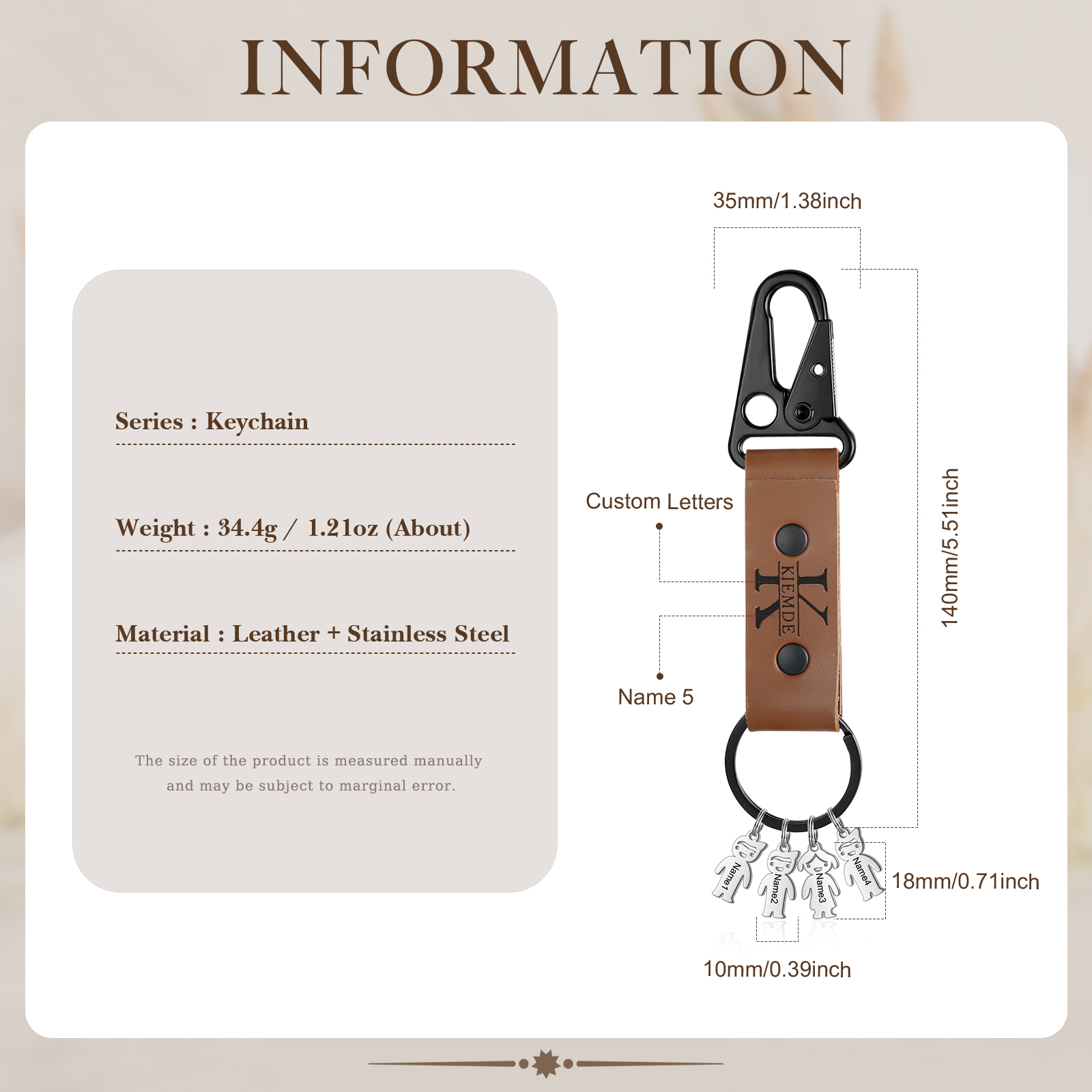 5 Names - Personalised Kids Charms Keychain Customized 5 Names & 1 Letter Leather Keychain Gift for Grandad