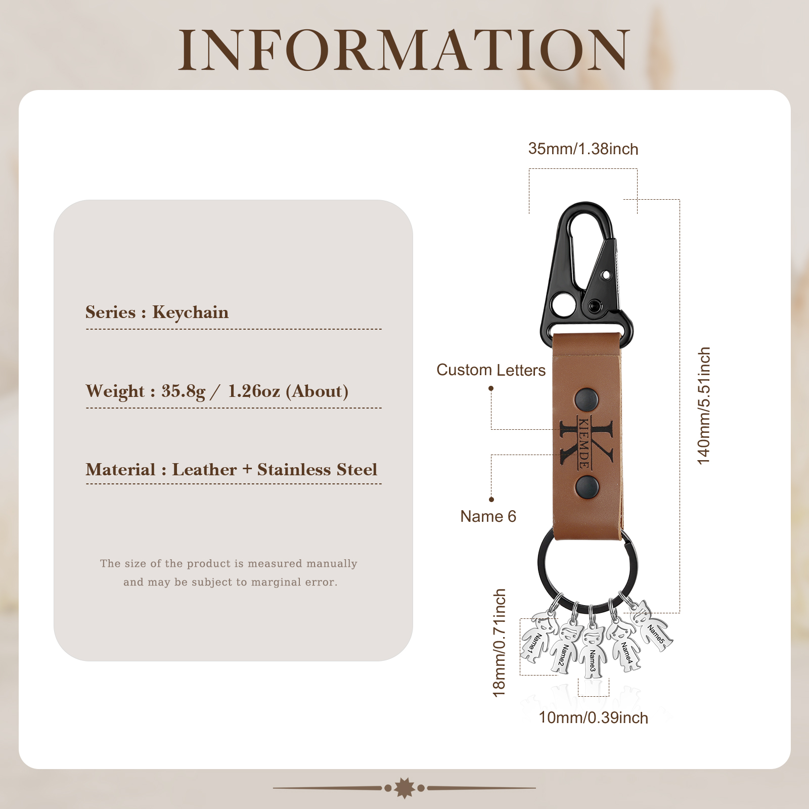 6 Names - Personalised Kids Charms Keychain Customized 6 Names & 1 Letter Leather Keychain Gift for Grandad