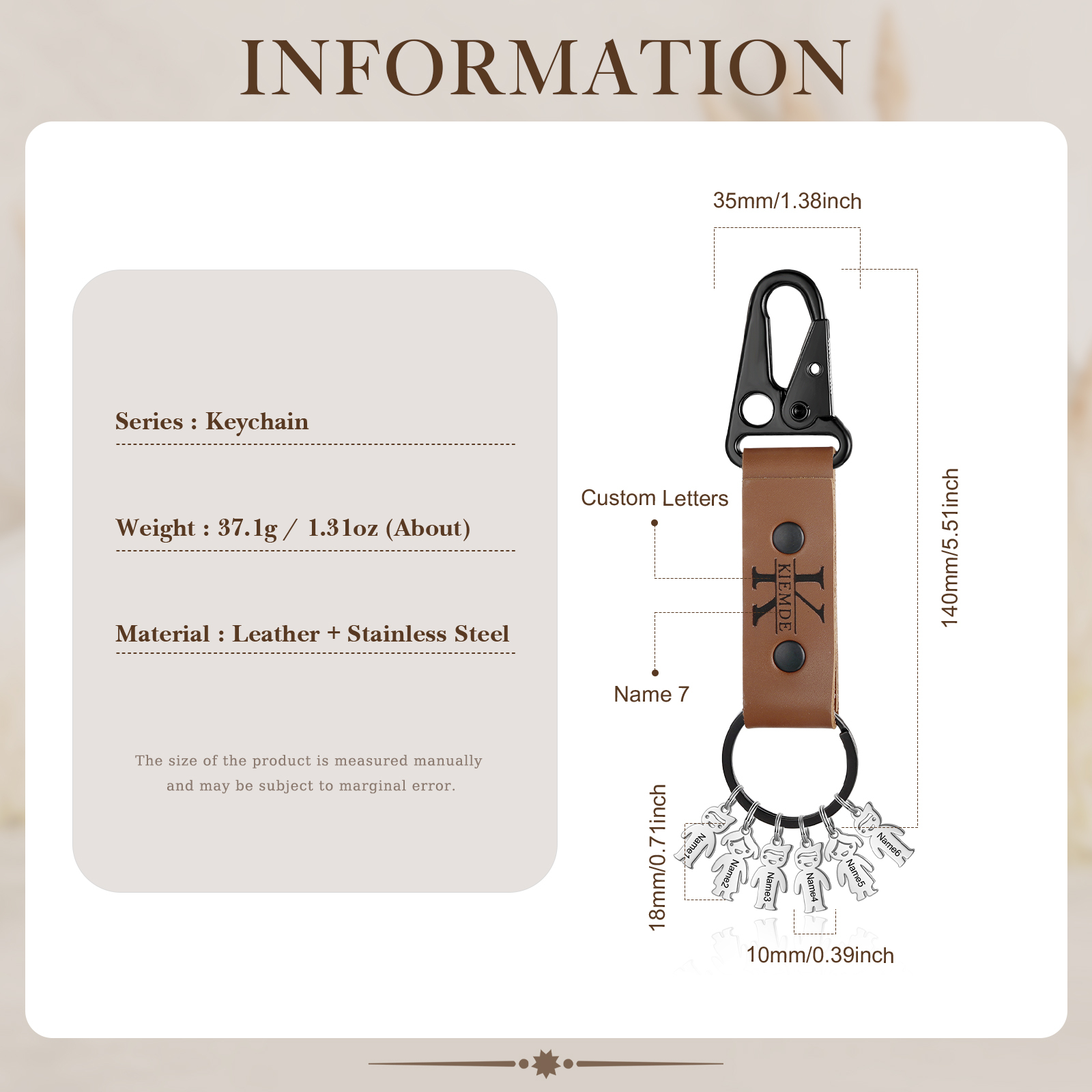 7 Names - Personalised Kids Charms Keychain Customized 7 Names & 1 Letter Leather Keychain Gift for Grandad