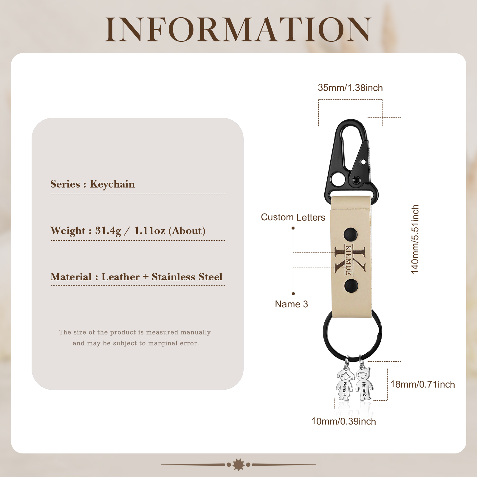 3 Names - Personalised Kids Charms Keychain Customized 3 Names & 1 Letter Leather Keychain Gift for Grandad