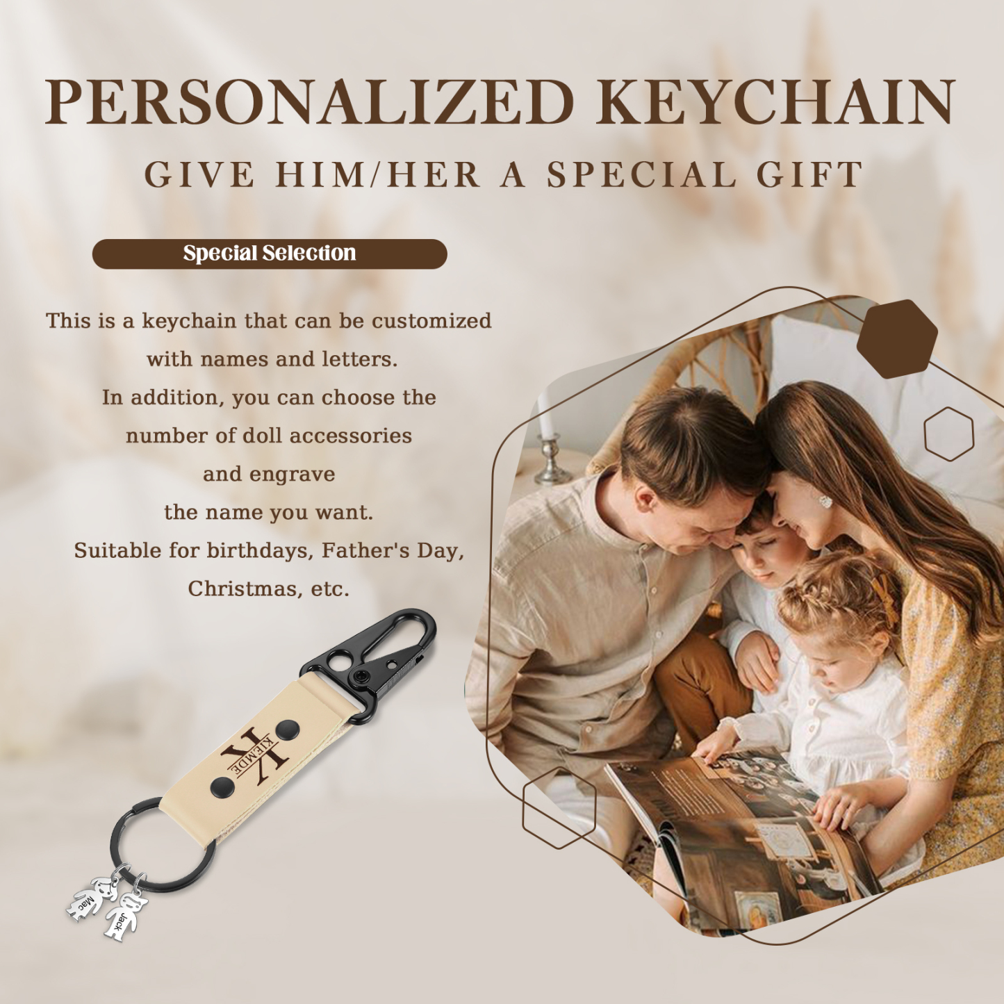 3 Names - Personalised Kids Charms Keychain Customized 3 Names & 1 Letter Leather Keychain Gift for Grandad