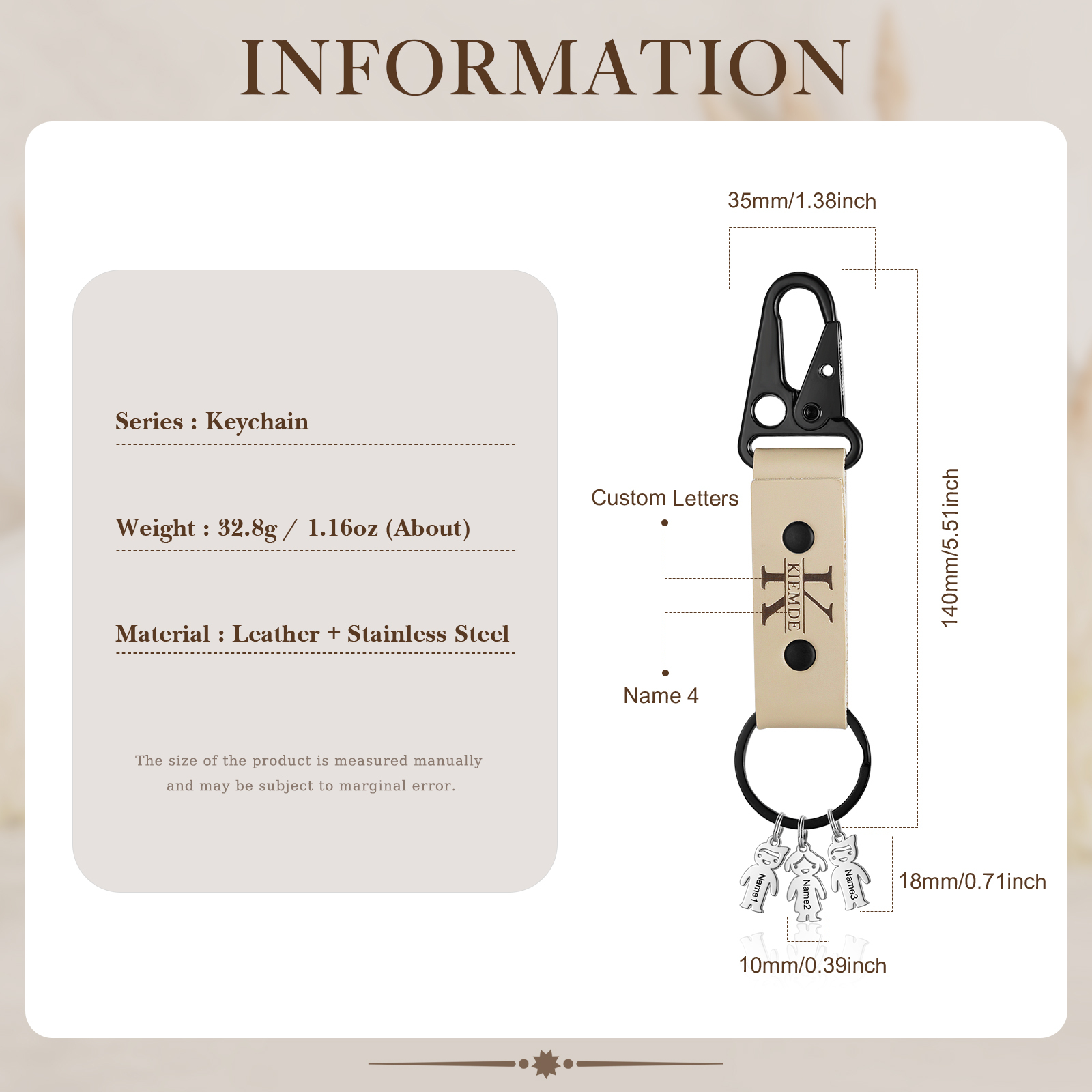 4 Names - Personalised Kids Charms Keychain Customized 4 Names & 1 Letter Leather Keychain Gift for Grandad