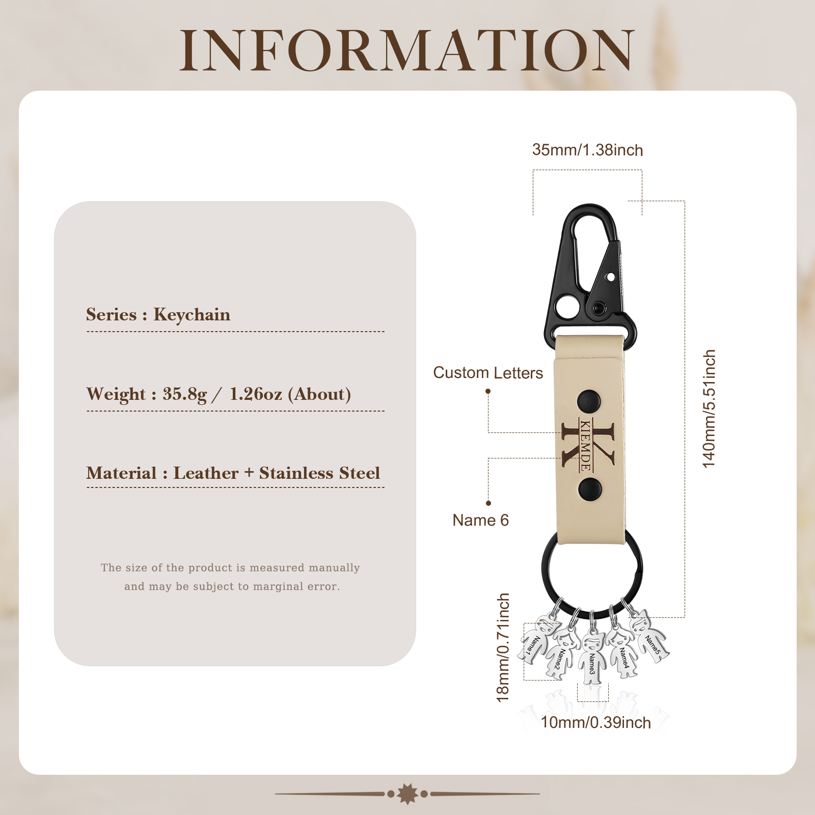 6 Names - Personalised Kids Charms Keychain Customized 6 Names & 1 Letter Leather Keychain Gift for Grandad