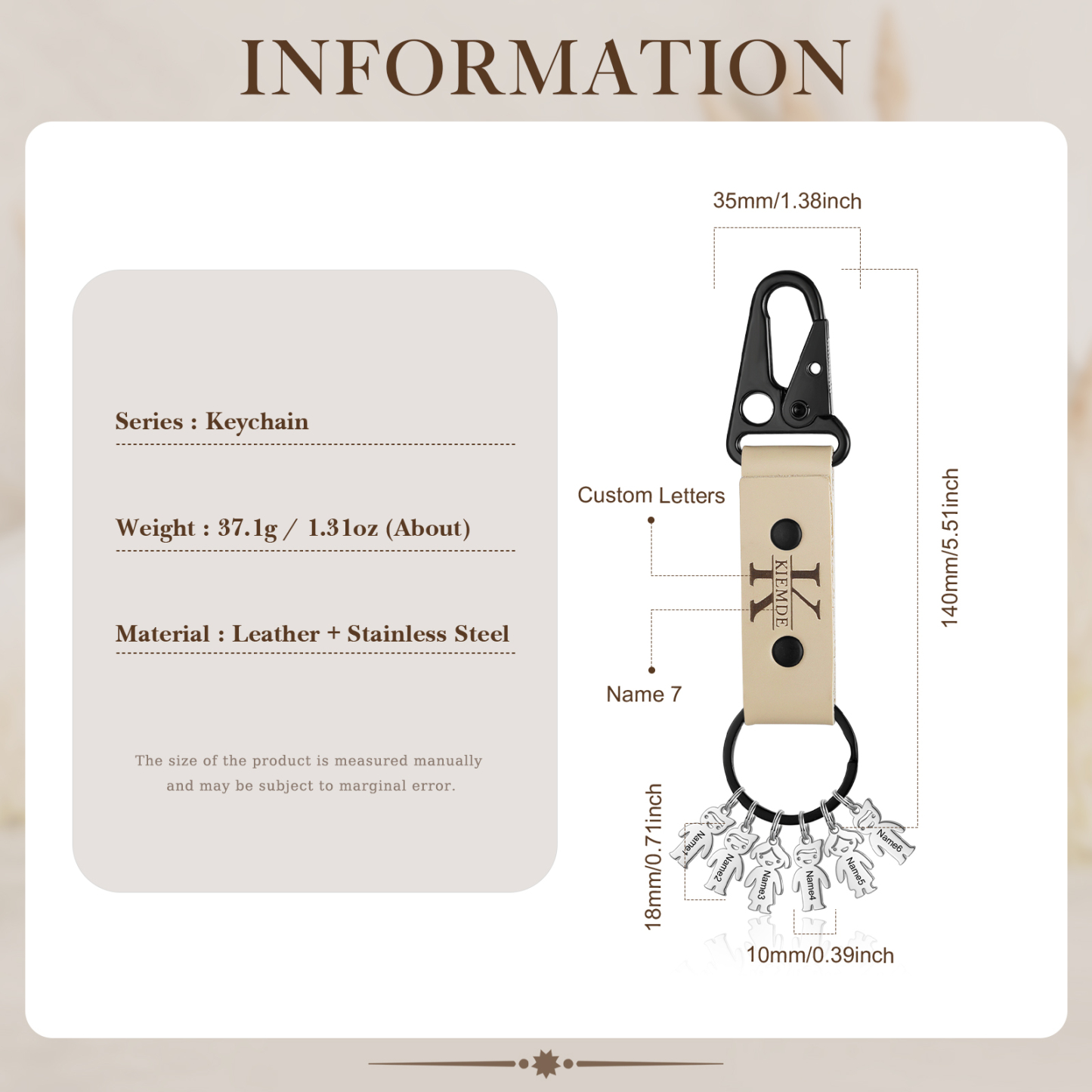 7 Names - Personalised Kids Charms Keychain Customized 7 Names & 1 Letter Leather Keychain Gift for Grandad