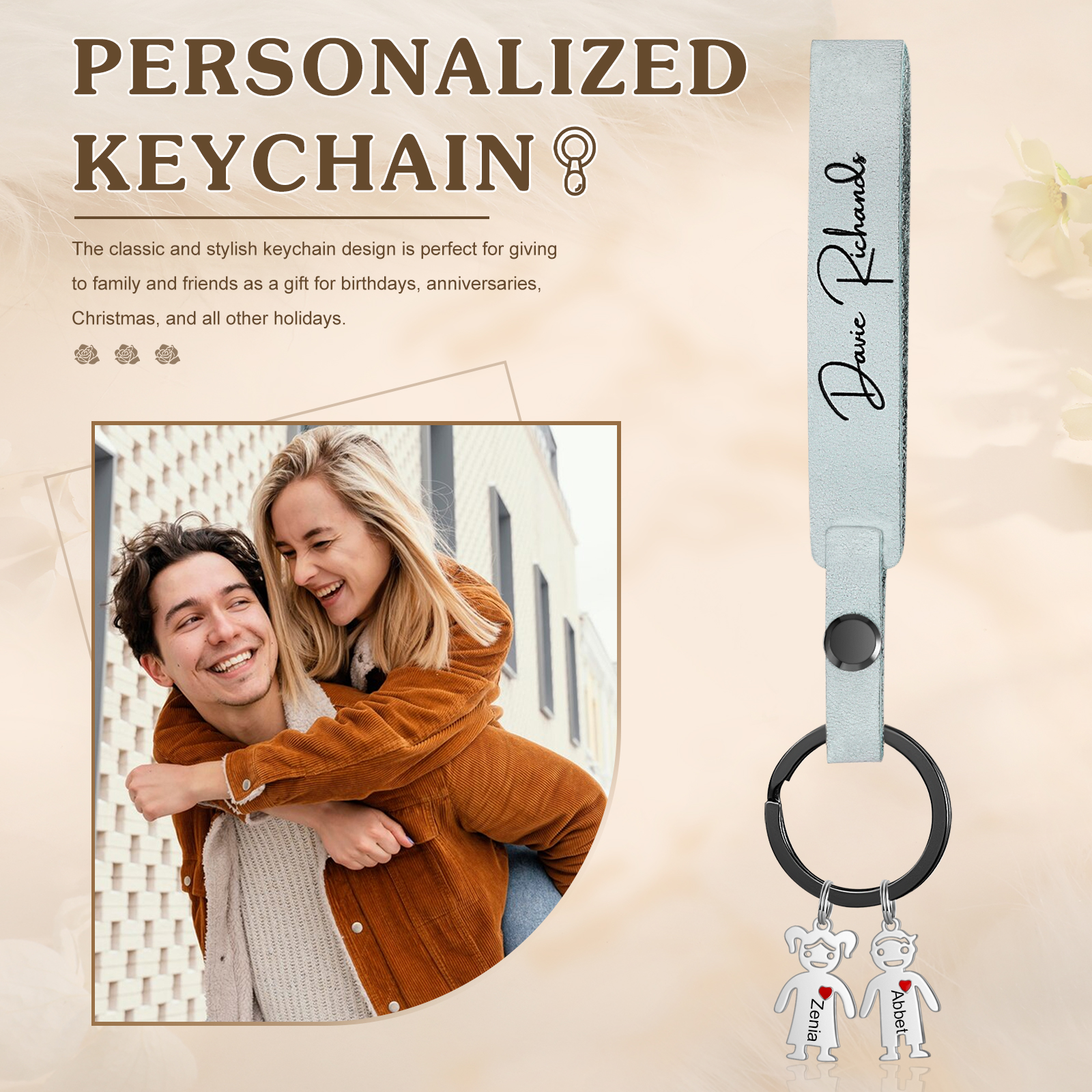 2 Names-personalized Keychain Custom 2 Doll Name and 1 Text Keychain Gift for Nana/ Mum