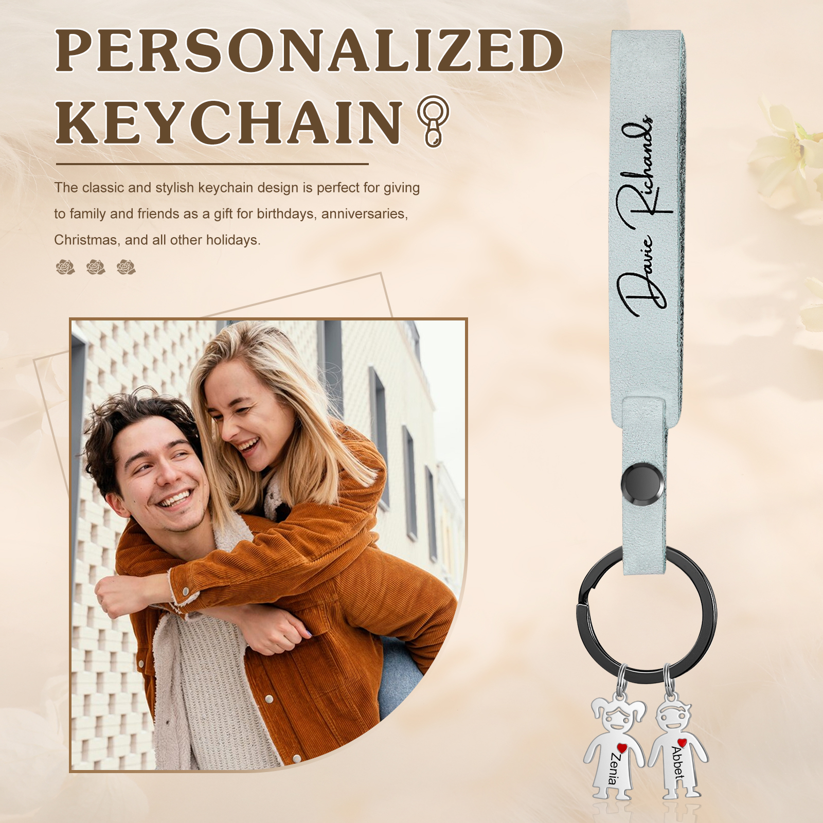 2 Names-personalized Keychain Custom 2 Doll Name and 1 Text Keychain Gift for Nana/ Mum
