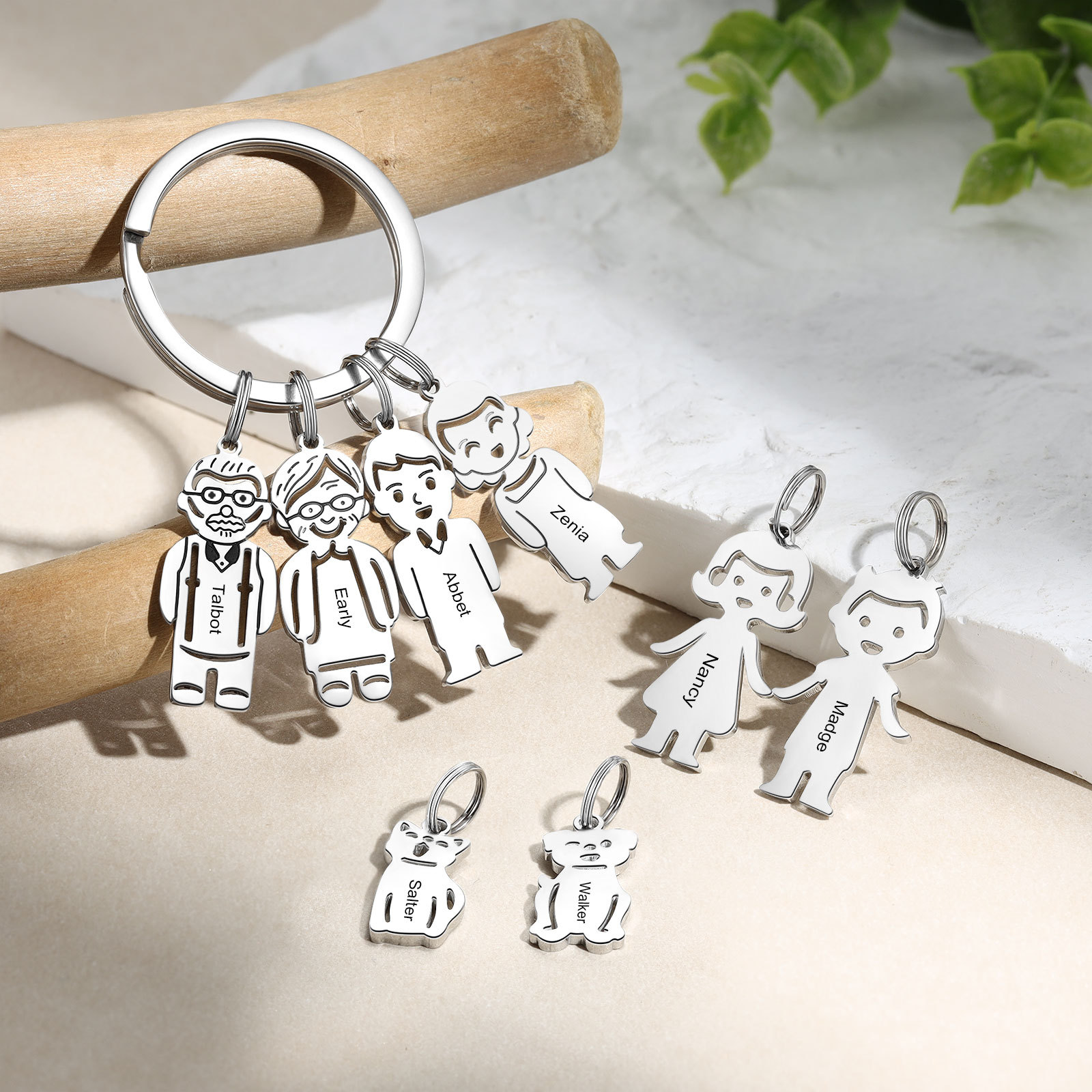 4 Names Personalised Stainless Steel Keyring with Pendant Charms | Jessemade