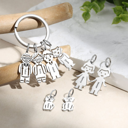 4 Names Personalised Stainless Steel Keyring with Pendant Charms | Jessemade