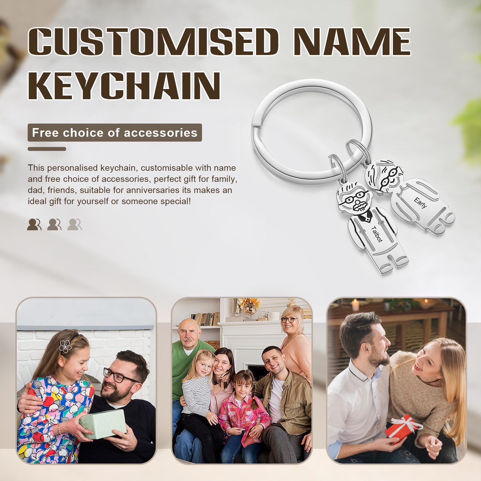 2 Names Personalised Stainless Steel Keyring with Pendant Charms | Jessemade