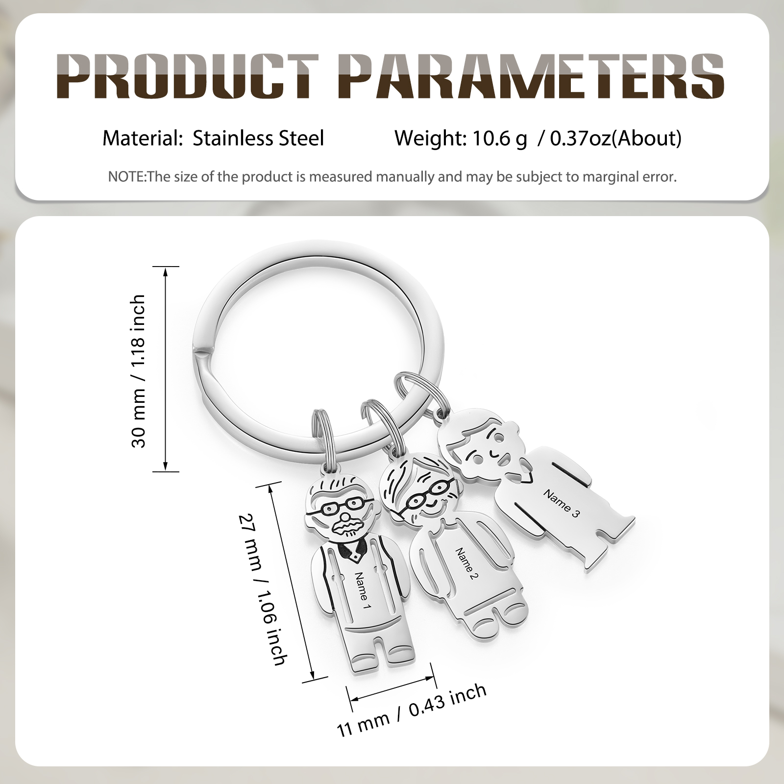 3 Names Personalised Stainless Steel Keyring with Pendant Charms | Jessemade