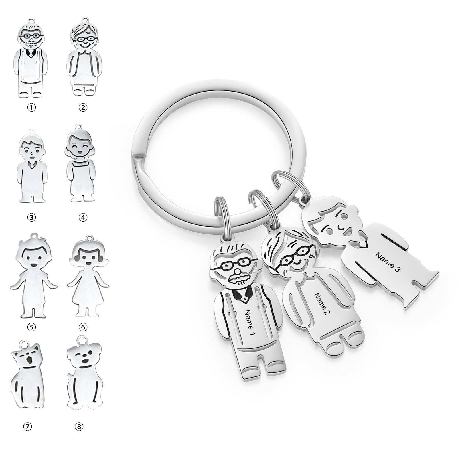 3 Names Personalised Stainless Steel Keyring with Pendant Charms | Jessemade